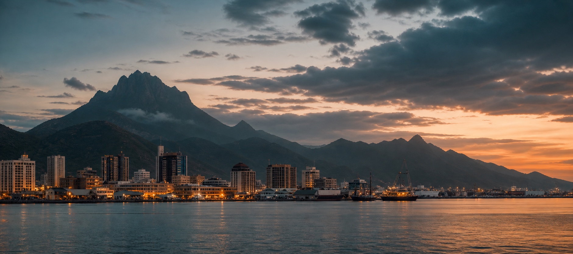 Une ville portuaire au pied des montagnes au crépuscule