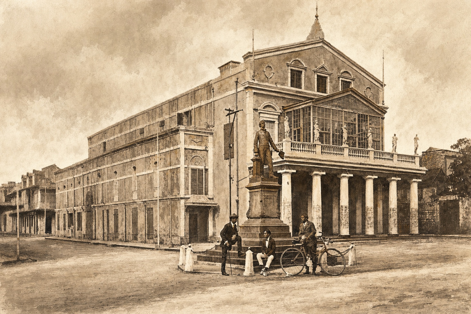 Rendu peint du Théâtre de Port-Louis et de la statue de Pope Hennessy, d’après une carte postale vers 1910