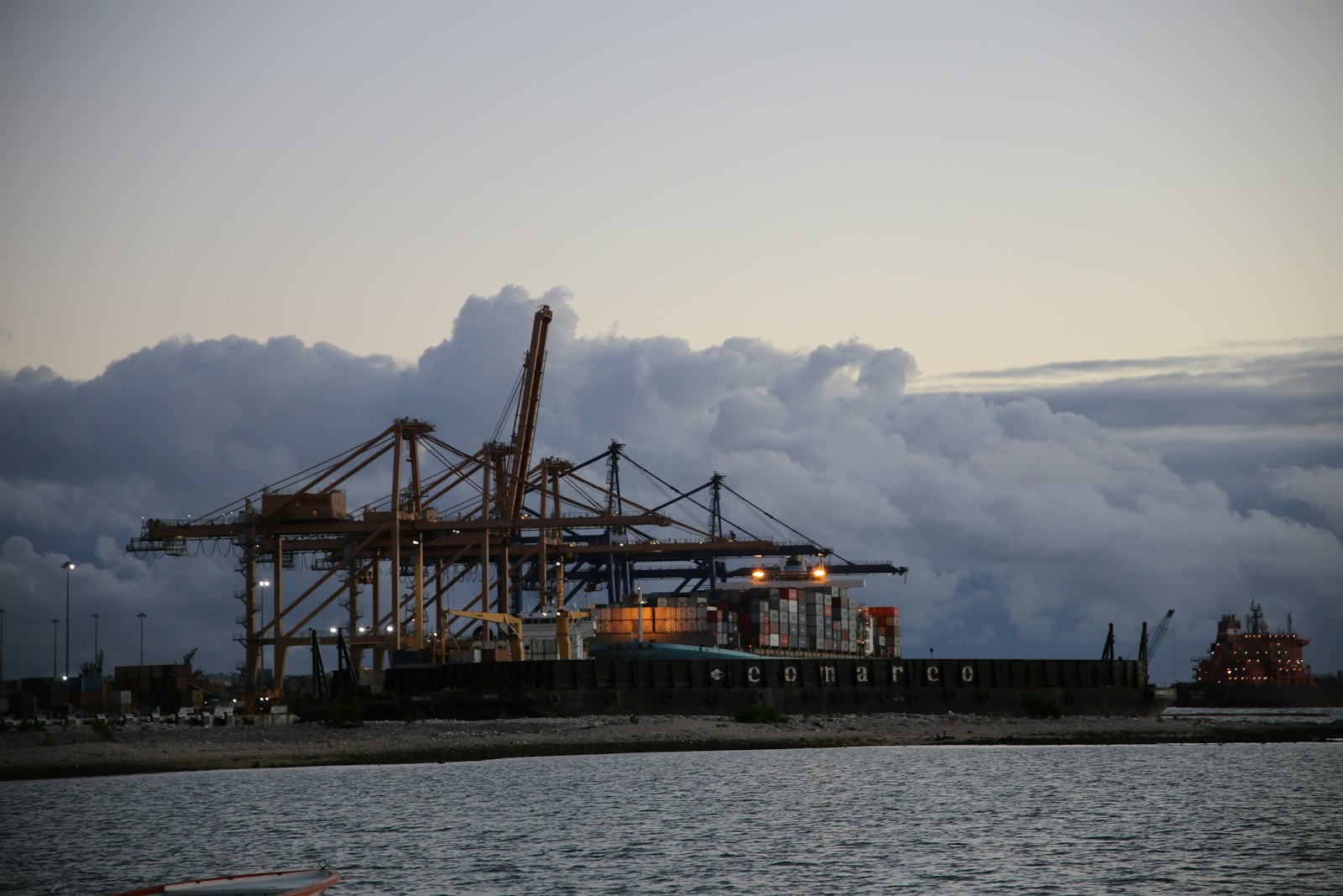 Port-Louis harbour and mountains at dusk